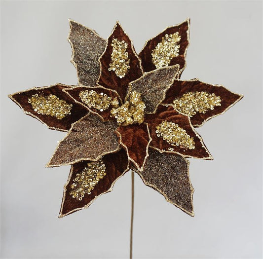 20" Chocolate Velvet Poinsettia Stem with Gold Sequins