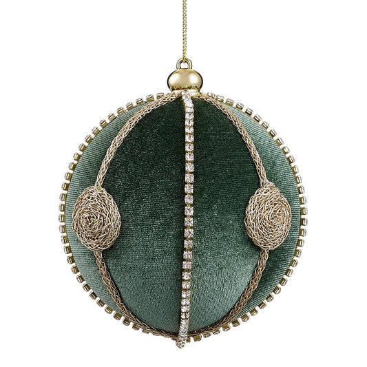 4" Green & Gold Diamond Velvet Ball Ornament