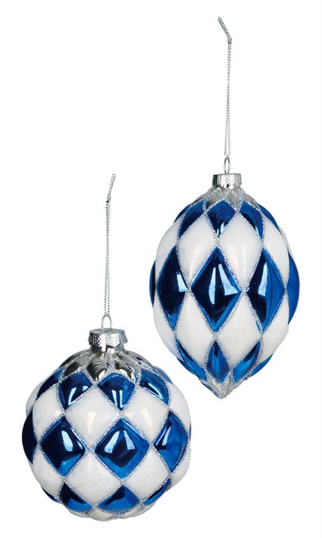 Blue & White Harlequin Glass Ornaments