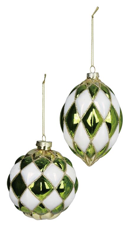 Green & White Harlequin Glass Ornaments