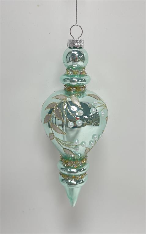 7.5" Glass Finial Ornament – Mint with Pearl & Gold Accents