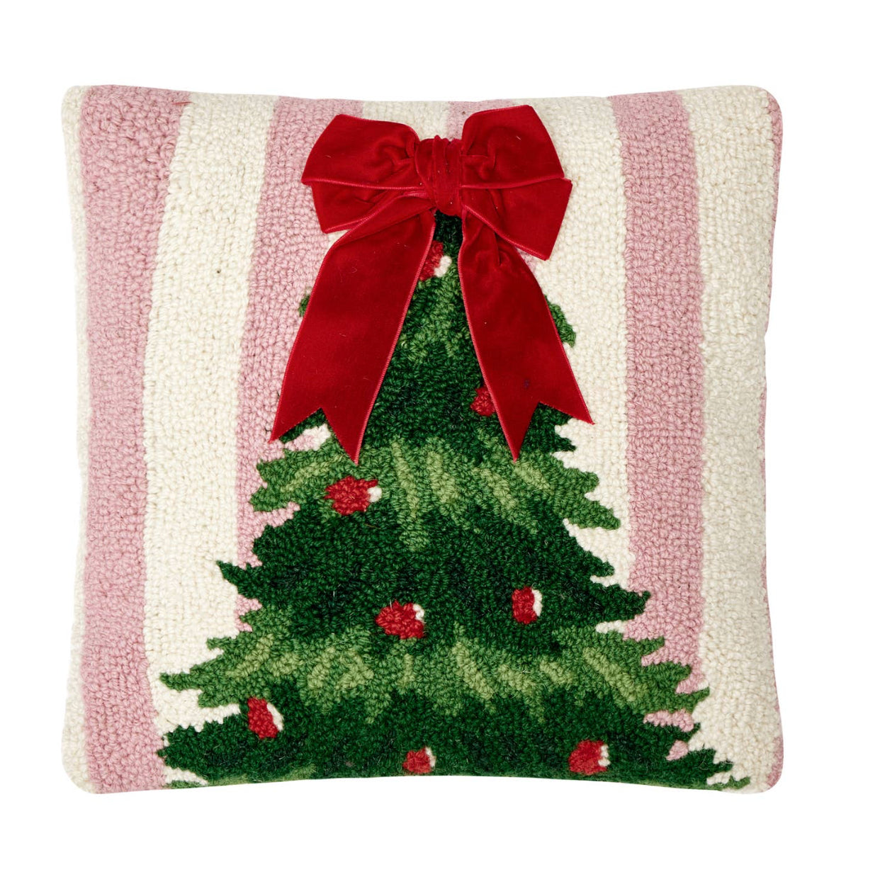 Christmas Tree Hooked Pillow with Velvet Bow – 14" x 14"
