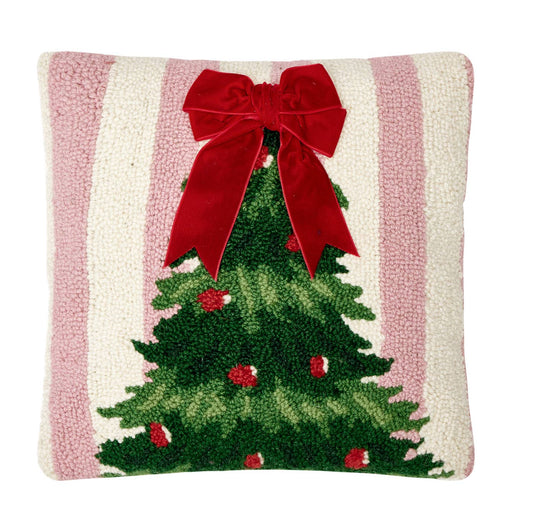 Christmas Tree Hooked Pillow with Velvet Bow – 14" x 14"
