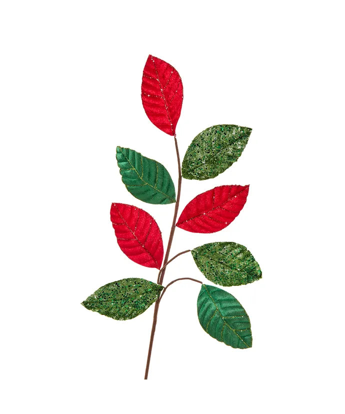 Kurt Adler 27" Red and Green Velvet Glitter Leaf Spray