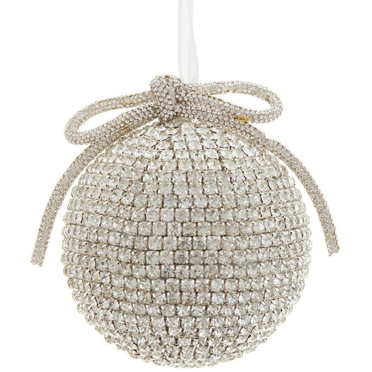 5" Diamond Ball Ornament with Bow – Silver