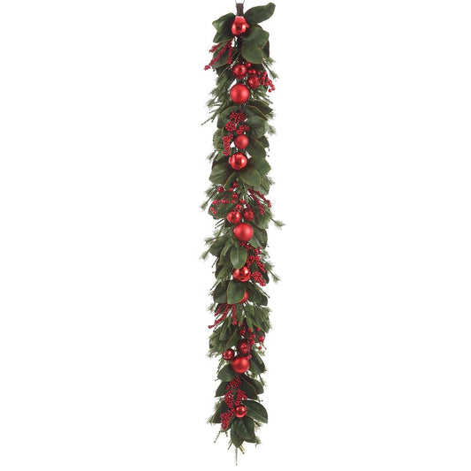 6' Ornament Ball/Berry/Pine Garland – Red & Green