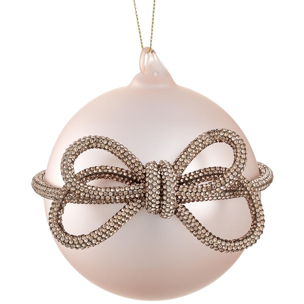 4" Glass Ball Ornament with Diamond Bow – Blush
