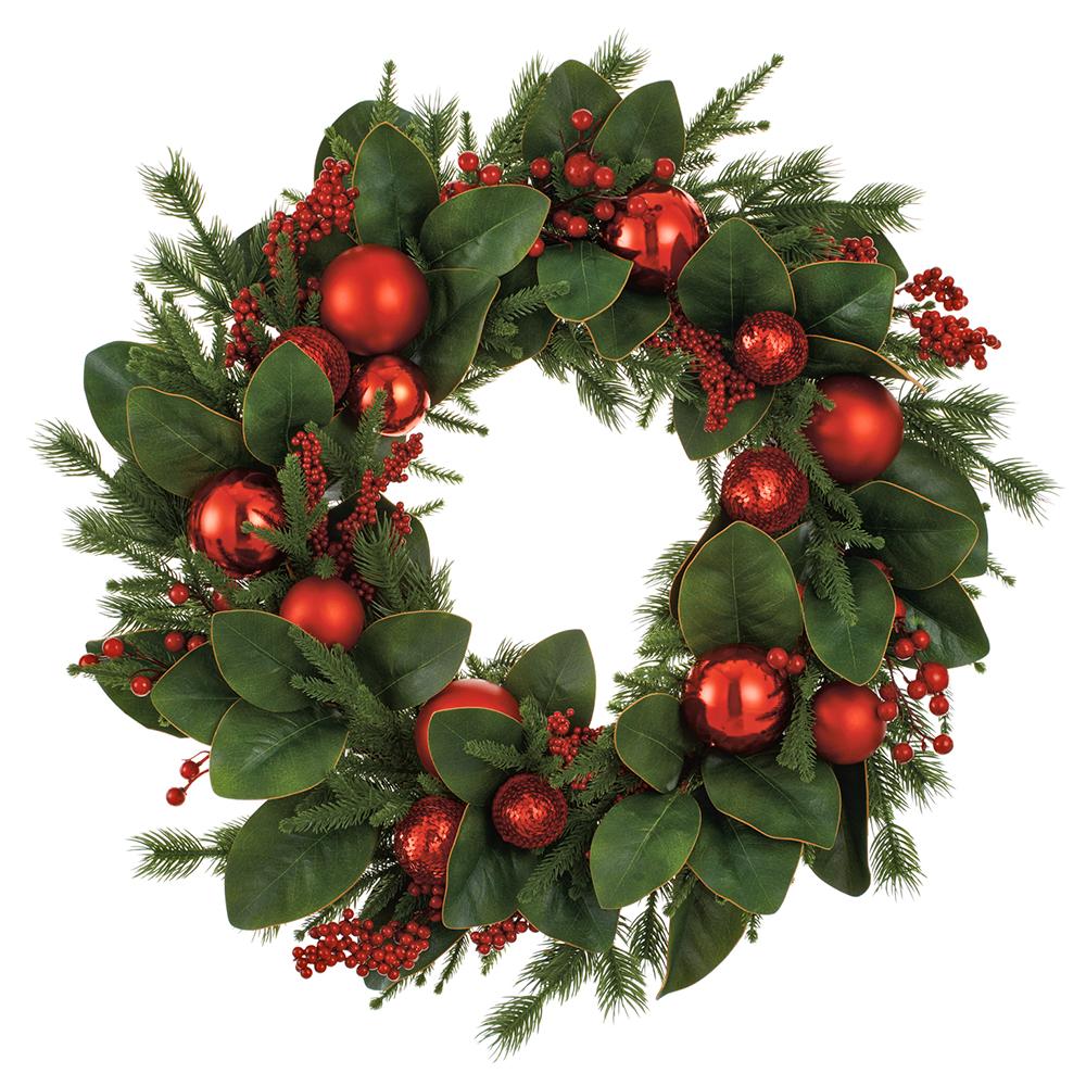 26" Red & Green Ornament Ball, Berry & Pine Wreath