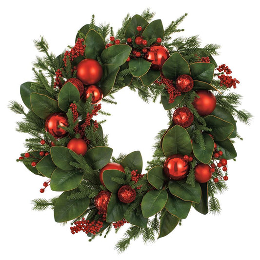 26" Red & Green Ornament Ball, Berry & Pine Wreath