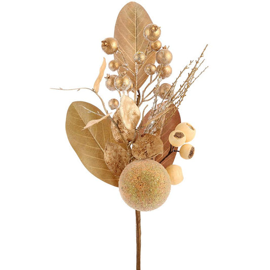 Gold Beaded Ball, Berry & Magnolia Leaf Pick – 18"
