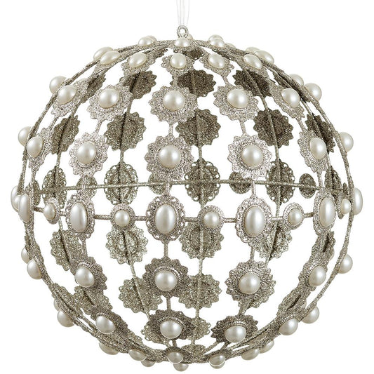 Glittered Pearl Filigree Ball Ornament – Champagne Pearl, 8.5"