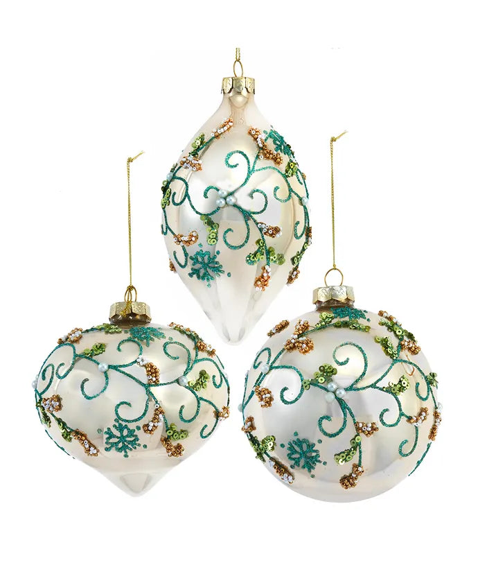 Kurt Adler Glass Pearl Ornament with Green & Gold Embellishments – 3"–5.5"