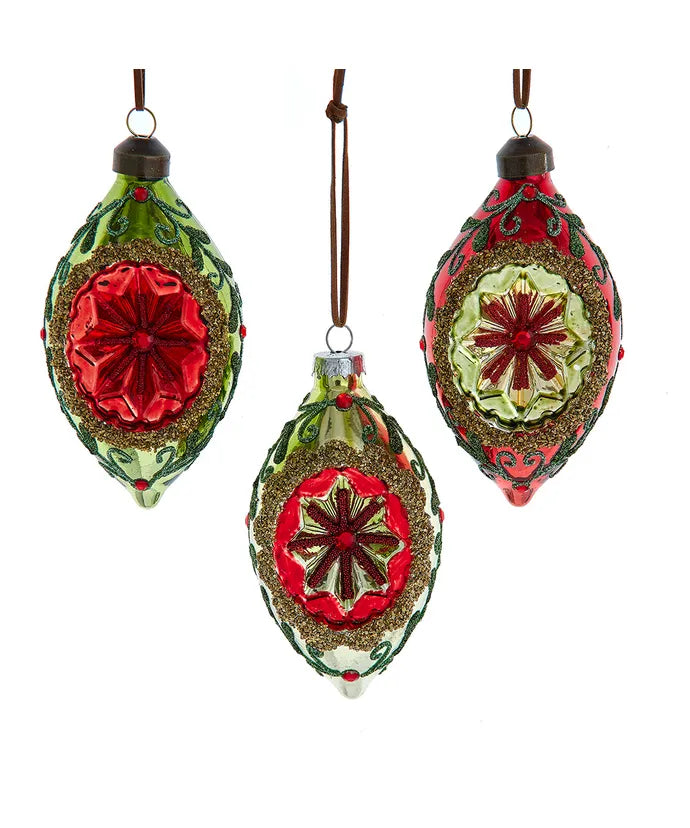 Kurt Adler Glass Red & Olive Reflector Finial Ornaments – 4.5"