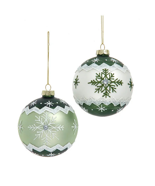 Kurt Adler Green & White Snowflake Glass Ornaments – Sold Separately