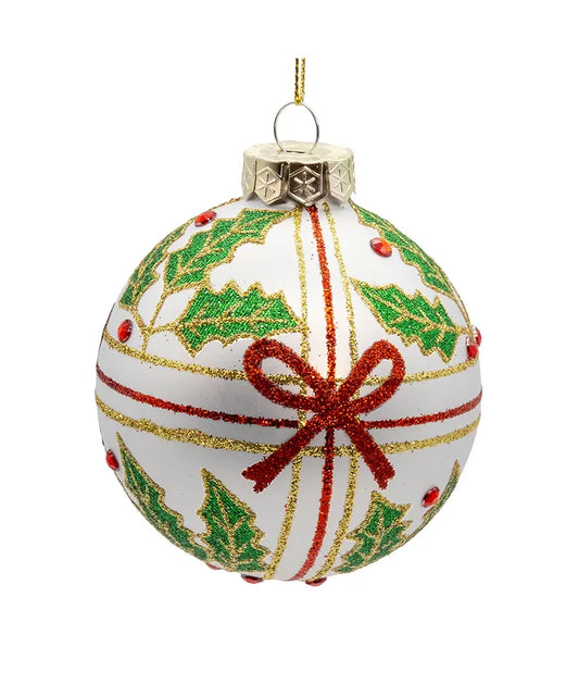 80MM Glass Holly & Bow Ball Ornaments, 6-Piece Box
