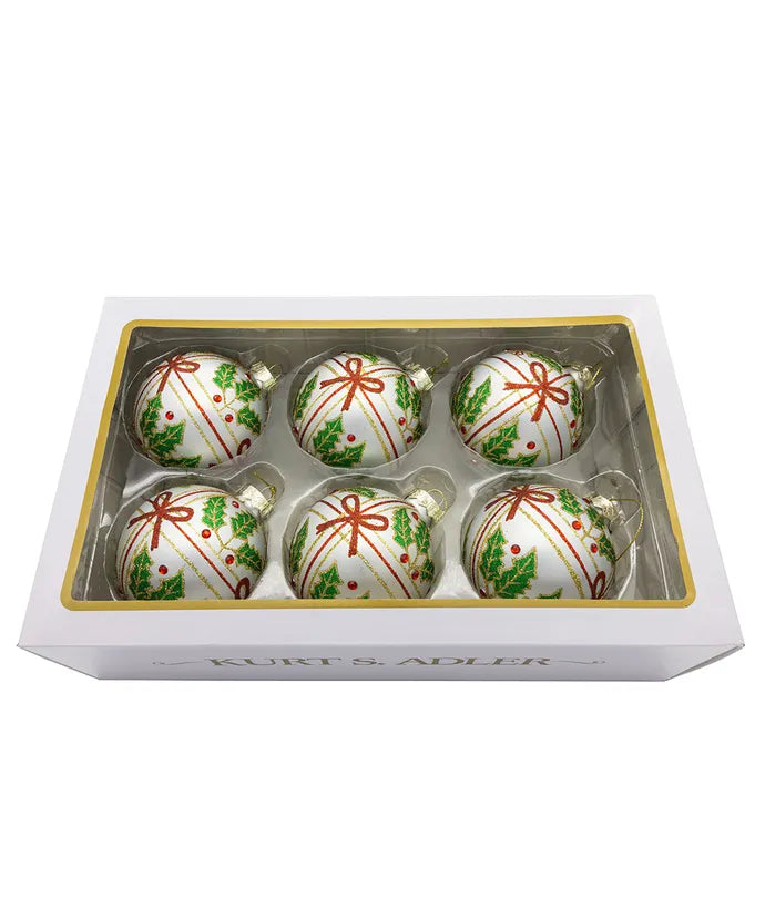 80MM Glass Holly & Bow Ball Ornaments, 6-Piece Box