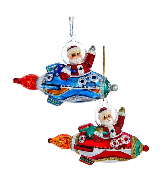 Noble Gems™ Santa in Rocket Ship Ornament – Blue or Red (4.5")