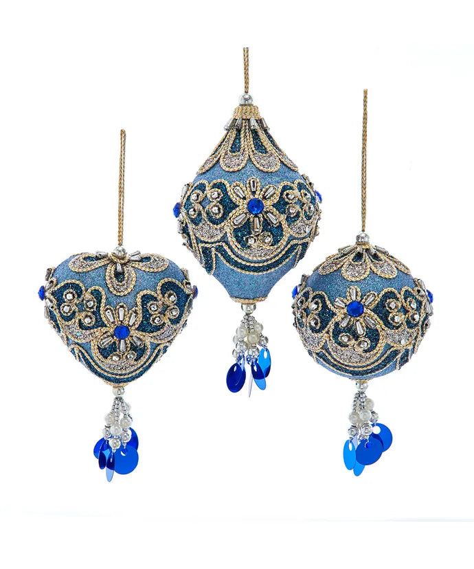 Blue & Platinum Heart, Ball & Pear Ornaments – Sold Separately