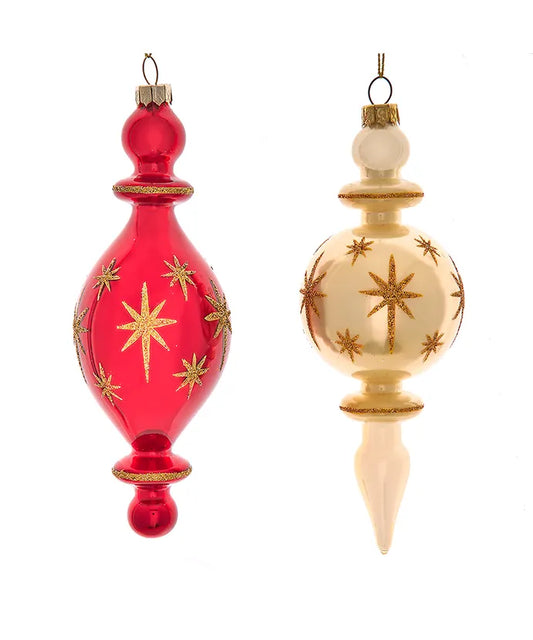 Glass Cranberry & Ivory Star Finial Ornaments – 7" (Sold Separately)