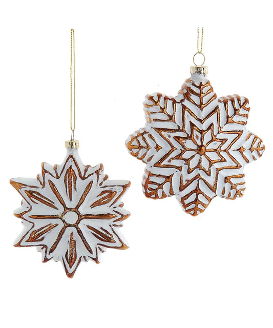 Glass Distressed White & Gold Snowflake Ornaments – 4" (Sold at Random)
